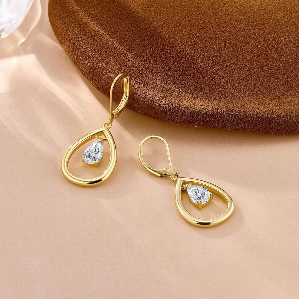 925 Silver 14K Gold CZ Teardrop Dangle Earrings, Bridal & Prom Gift Dangly Proms - Picture 6 of 6
